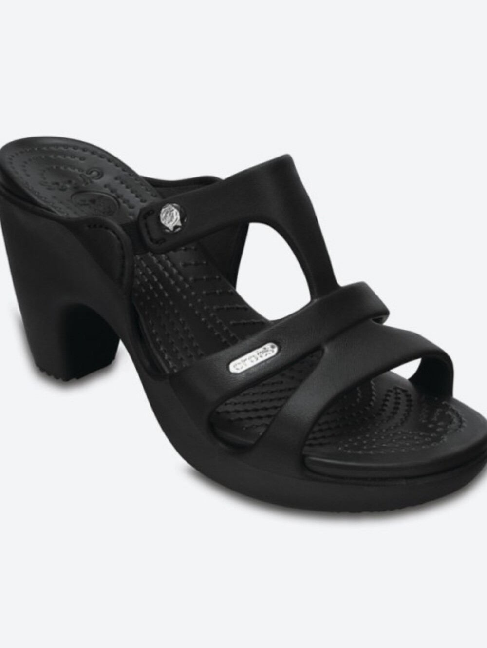 Black Crocs Women's Cyprus V Heel sandals featuring a strap